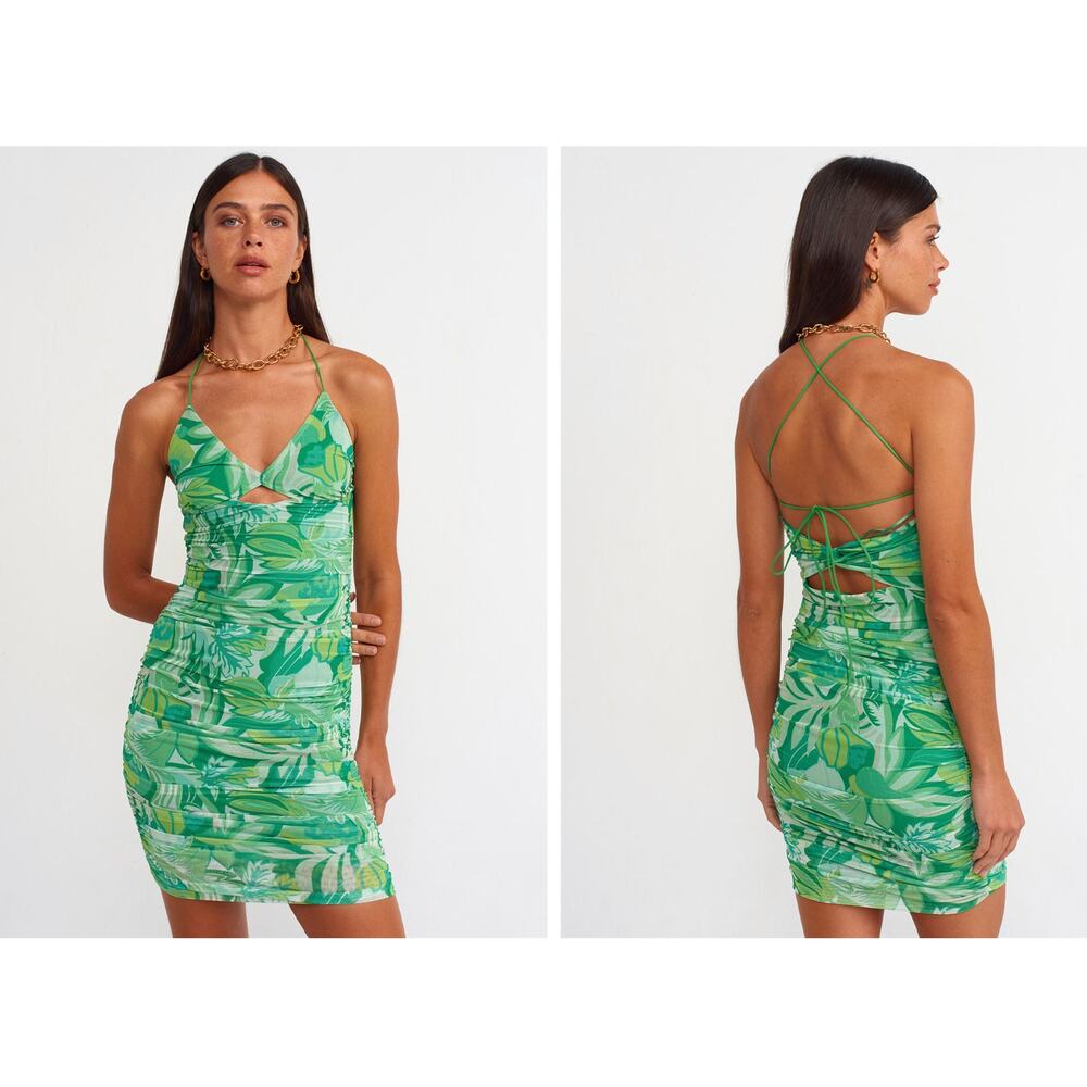 Rumor Mesh Ruched Stretch Strappy Bodycon Mini Dress 10 M Green Tropical Leaf